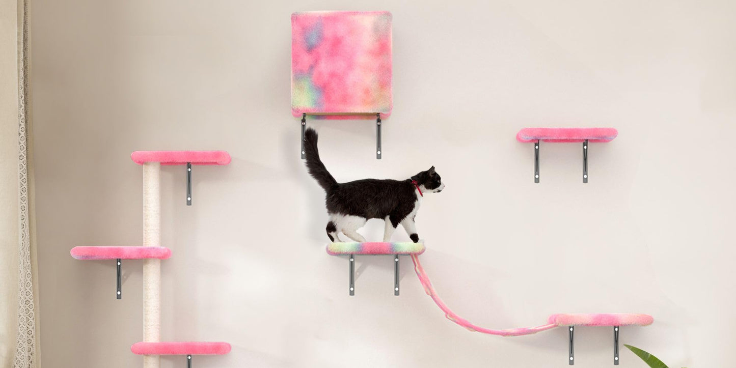 Petxos Cat Climber Set Wall-Mounted Furniture Climbing Shelves With Tree House, Bridge, Perch, Hammock, Scratching Post, Steps for Indoor Playground, 5 Pcs