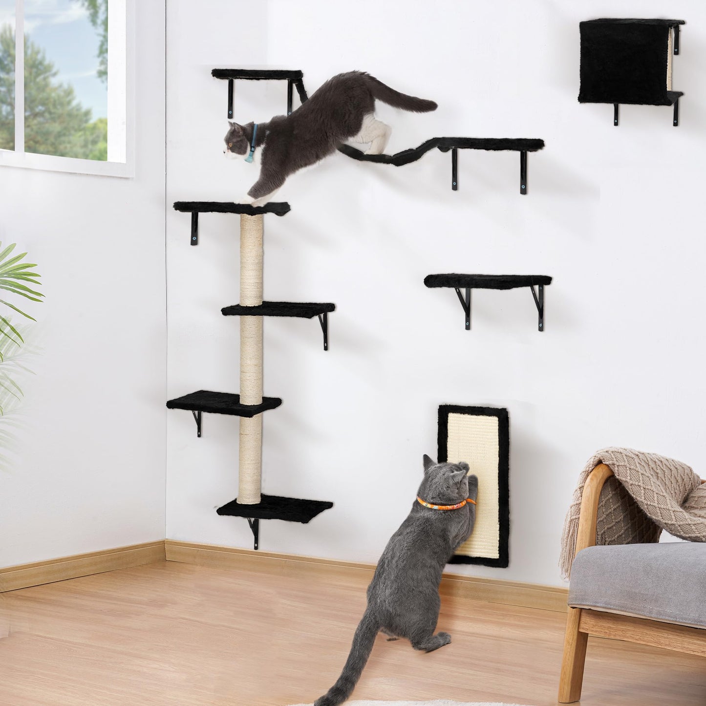 Petxos Cat Climber Set Wall-Mounted Furniture Climbing Shelves With Tree House, Bridge, Perch, Hammock, Scratching Post, Steps for Indoor Playground, 5 Pcs